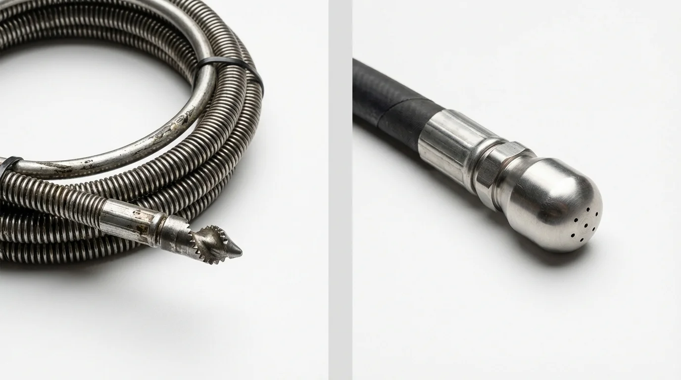 Drain snake cable and hydro jetting nozzle used for drain cleaning in Greenville, NY