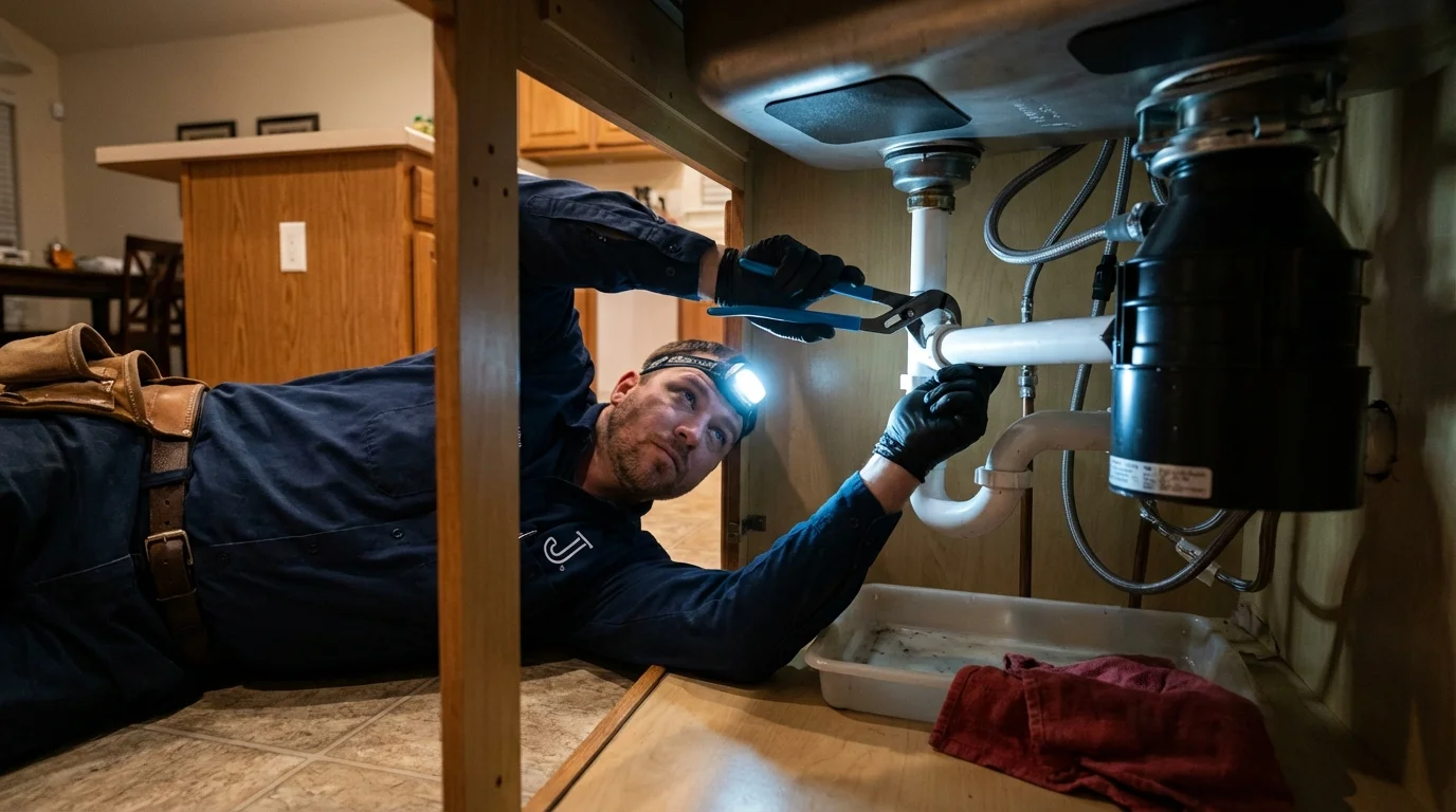 P-trap and supply line connections under a kitchen sink showing a common leak point in Greenville, NY